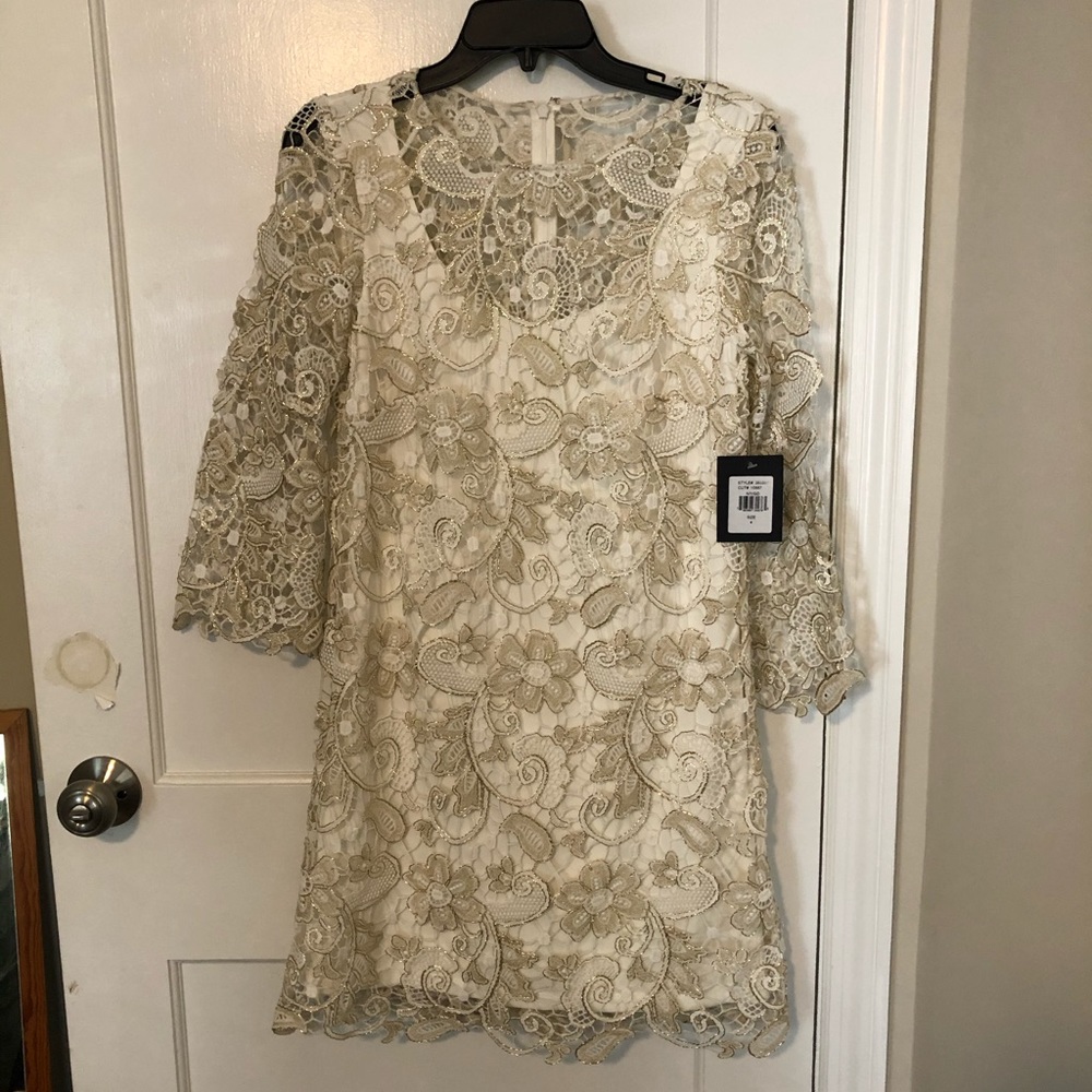 Marina Short Bell Sleeve Ivory/Gold Lace Dress